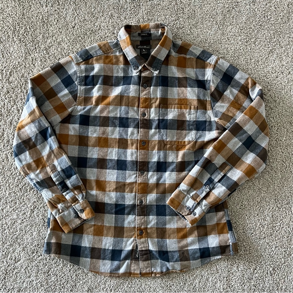 Men's flannel Button-Up Shirt in cognac, Navy & Gray - Casual flannel shirt